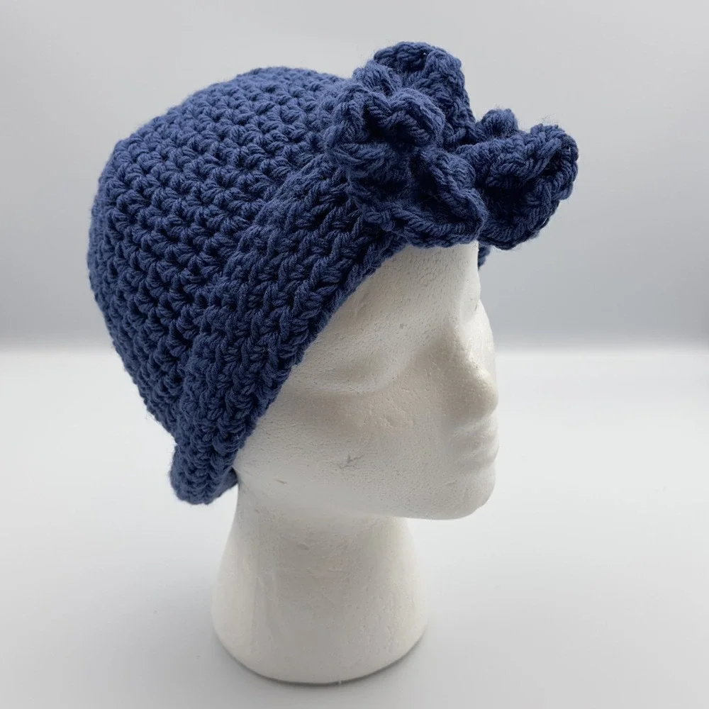 Crochet Handmade Woman's Blue Flower Hat‎ Folded Up